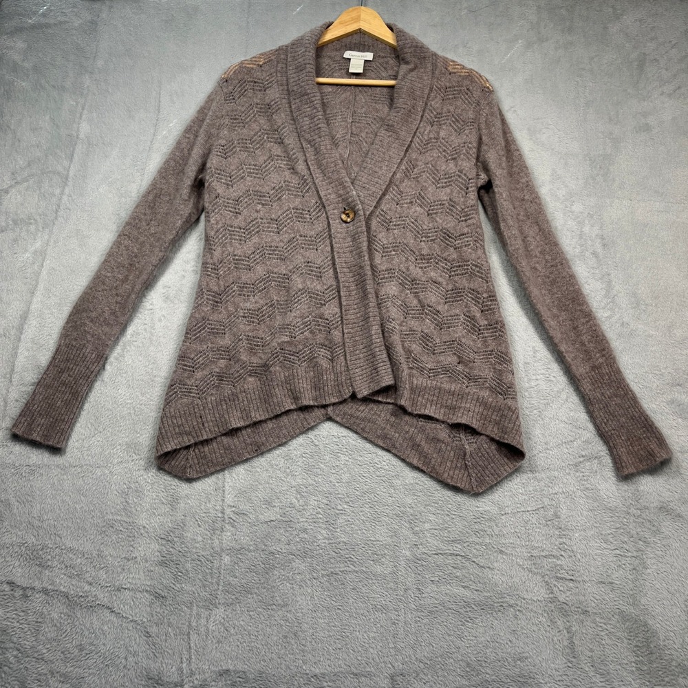 Garnet Hill Cardigan Women S Taupe Brown 100% Cashmere Pointelle Chevron Sweater